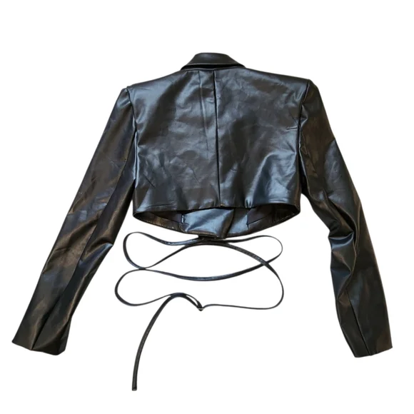 H:ours Alvina Black Cropped Faux Leather Blazer Jacket Small - Picture 3 of 8